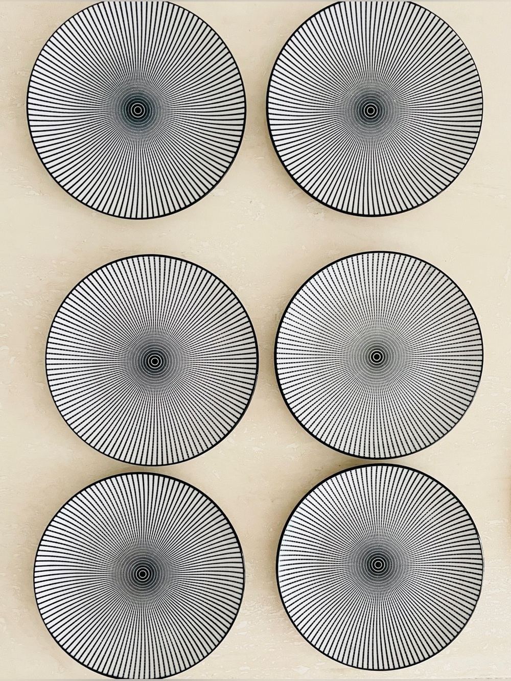 ROYAL NORFOLK Six (6) White with Black Dash Stripes Sunburst 7.5" Salad Plates